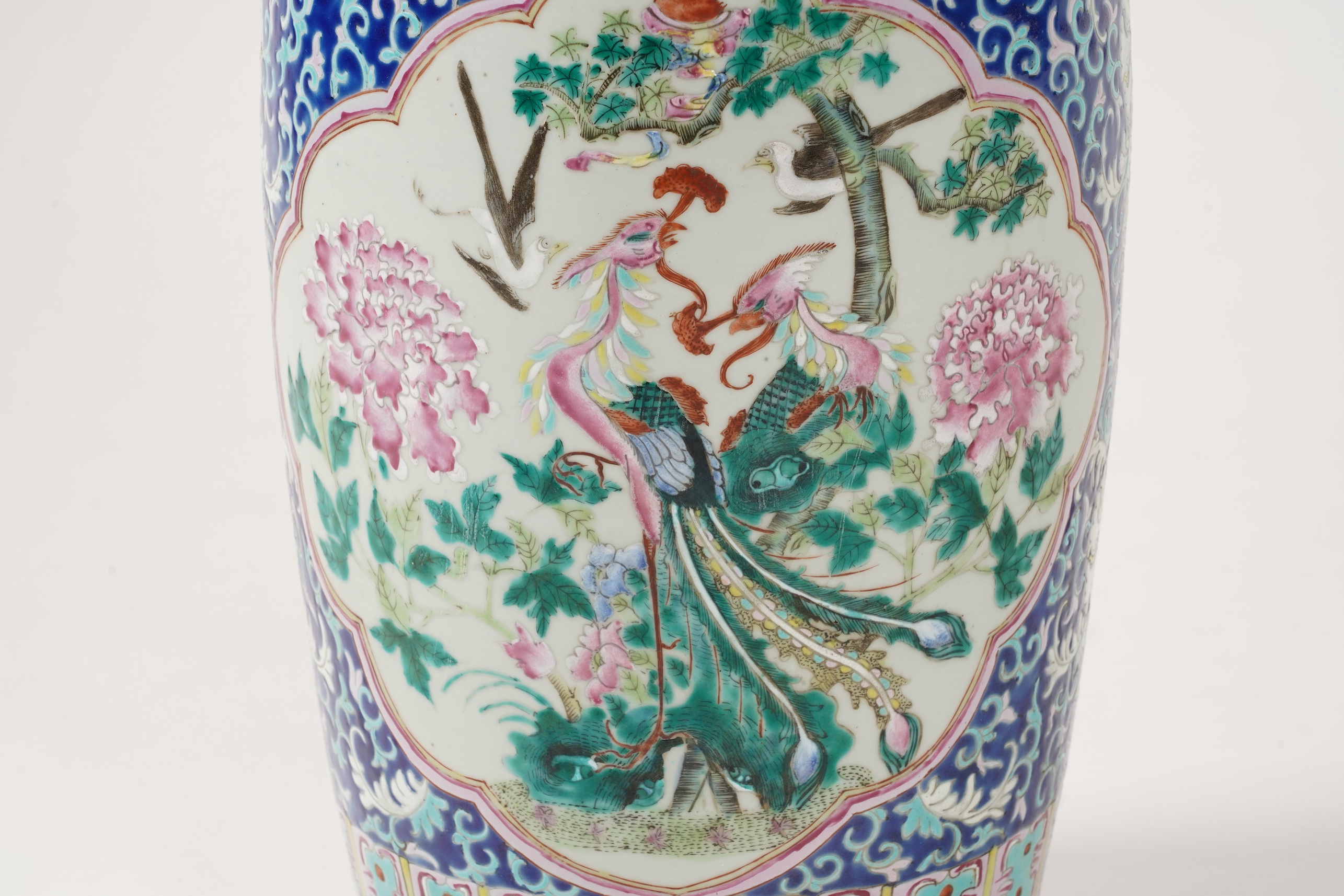 A tall Chinese famille rose ‘phoenix and peacock’ vase, late 19th century